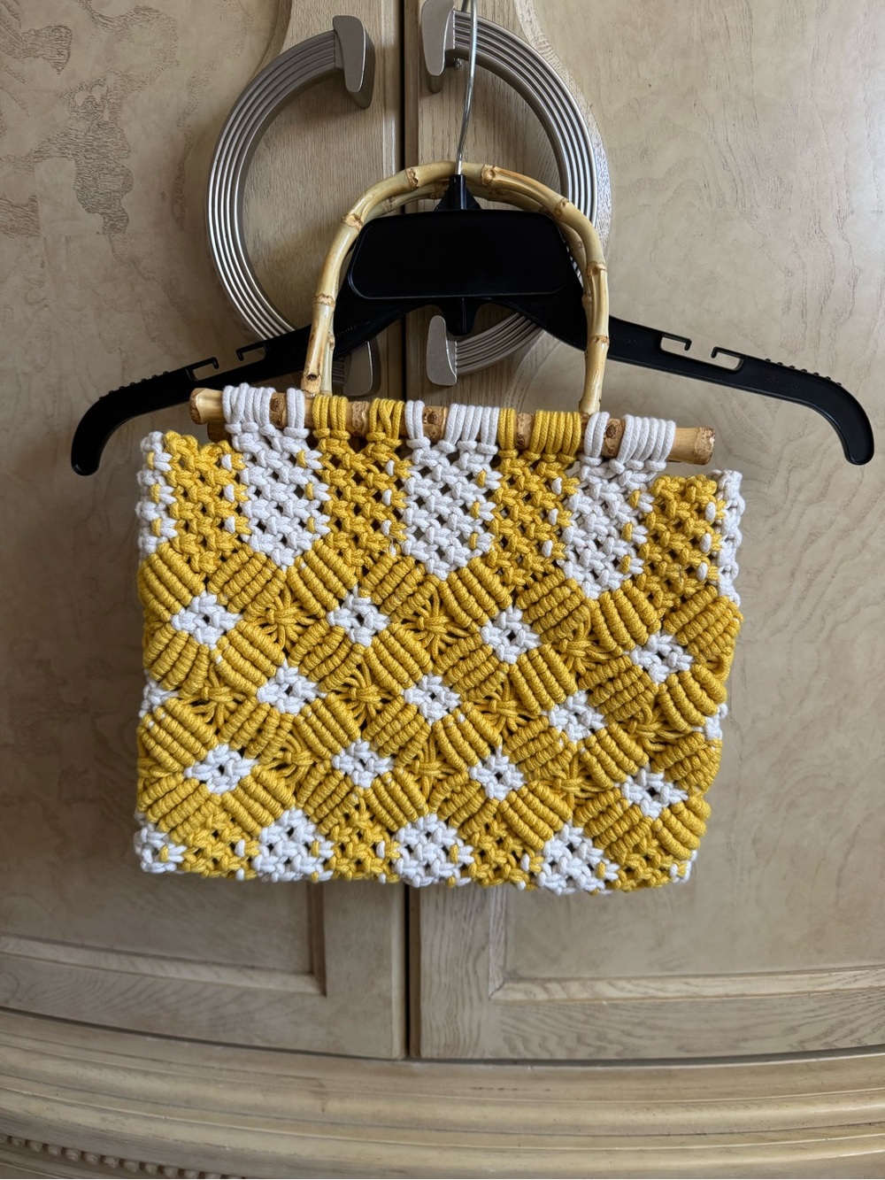Zara Yellow & White Macramé Mini Bag with Bamboo Handles